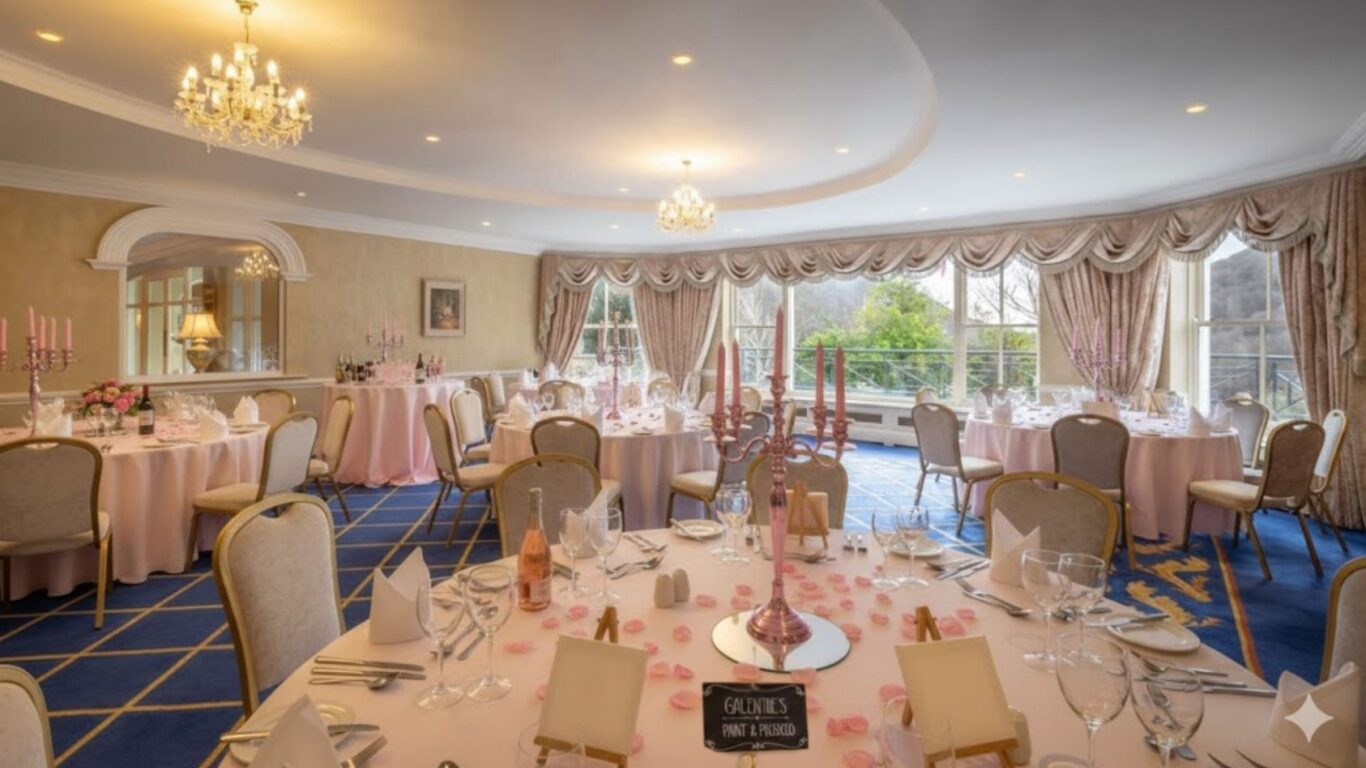 Elegant banquet hall set for an event with round tables covered in pink tablecloths, chairs, folded napkins, candelabras, and natural light from large windows.