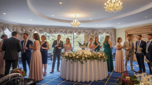 Guests enjoying a ballroom event with elegant chandeliers, floral centrepieces, and panoramic views at a luxury hotel.