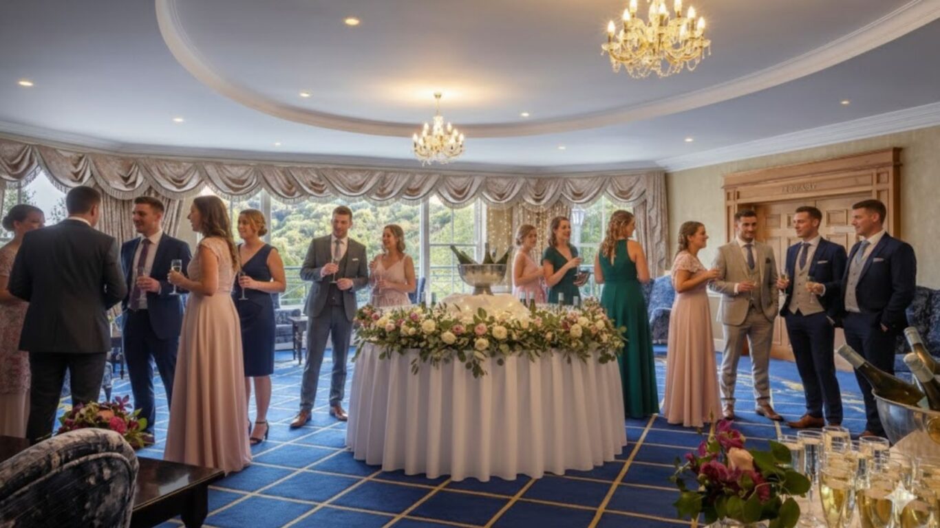 Elegant hotel event room with guests mingling around a flower-adorned table, showcasing chandeliers and scenic window views.