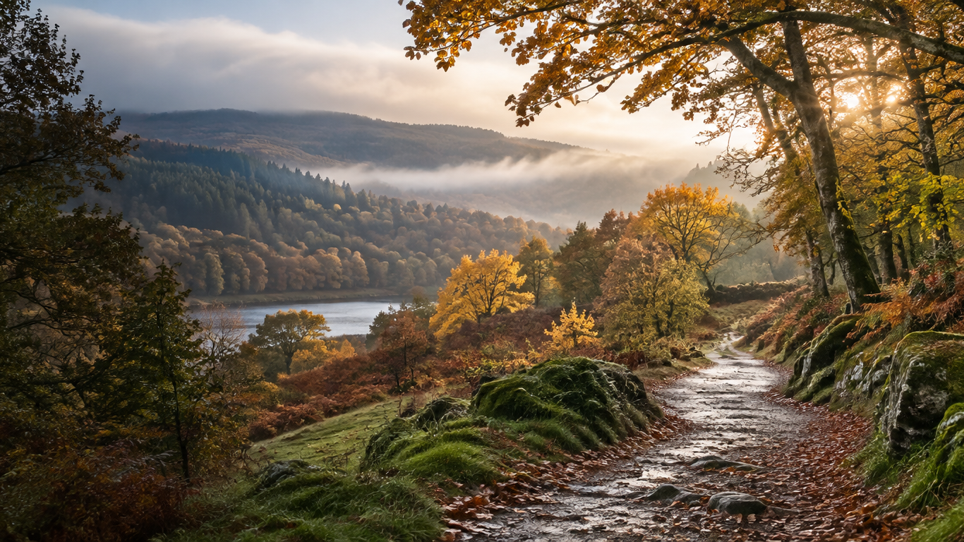 Serene autumn forest path with misty hills, ideal for tranquil nature walks near luxury hotel retreat in the countryside.