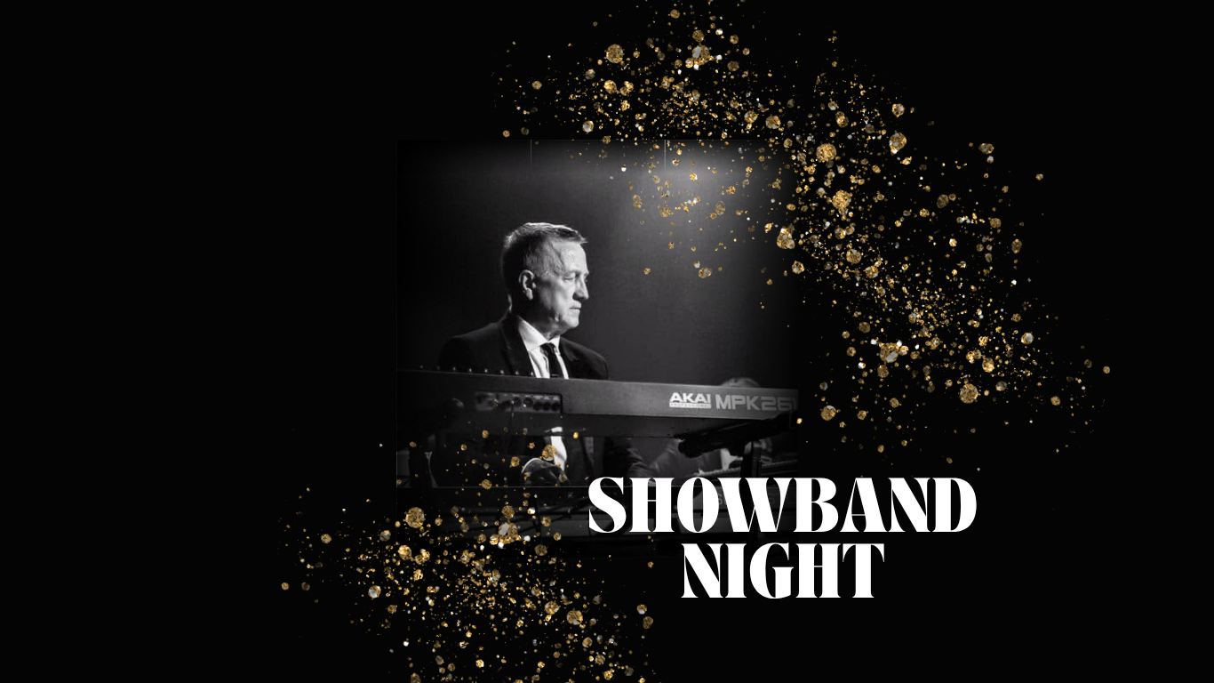 Elegant showband night with keyboardist in formal attire, enhanced by golden sparkles. Enjoy live music at our hotel.