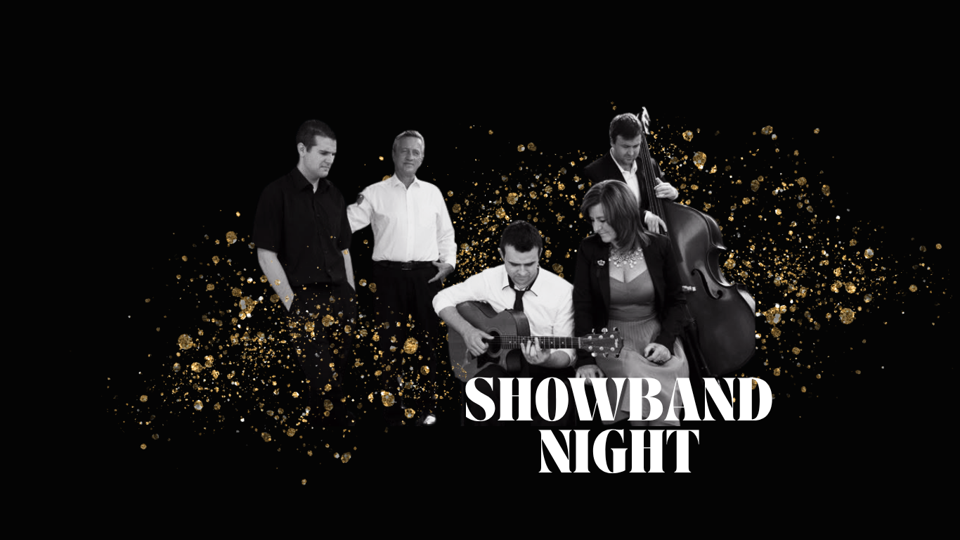 Showband performs in elegant venue with dazzling lights; guests enjoy live music and sophisticated atmosphere.