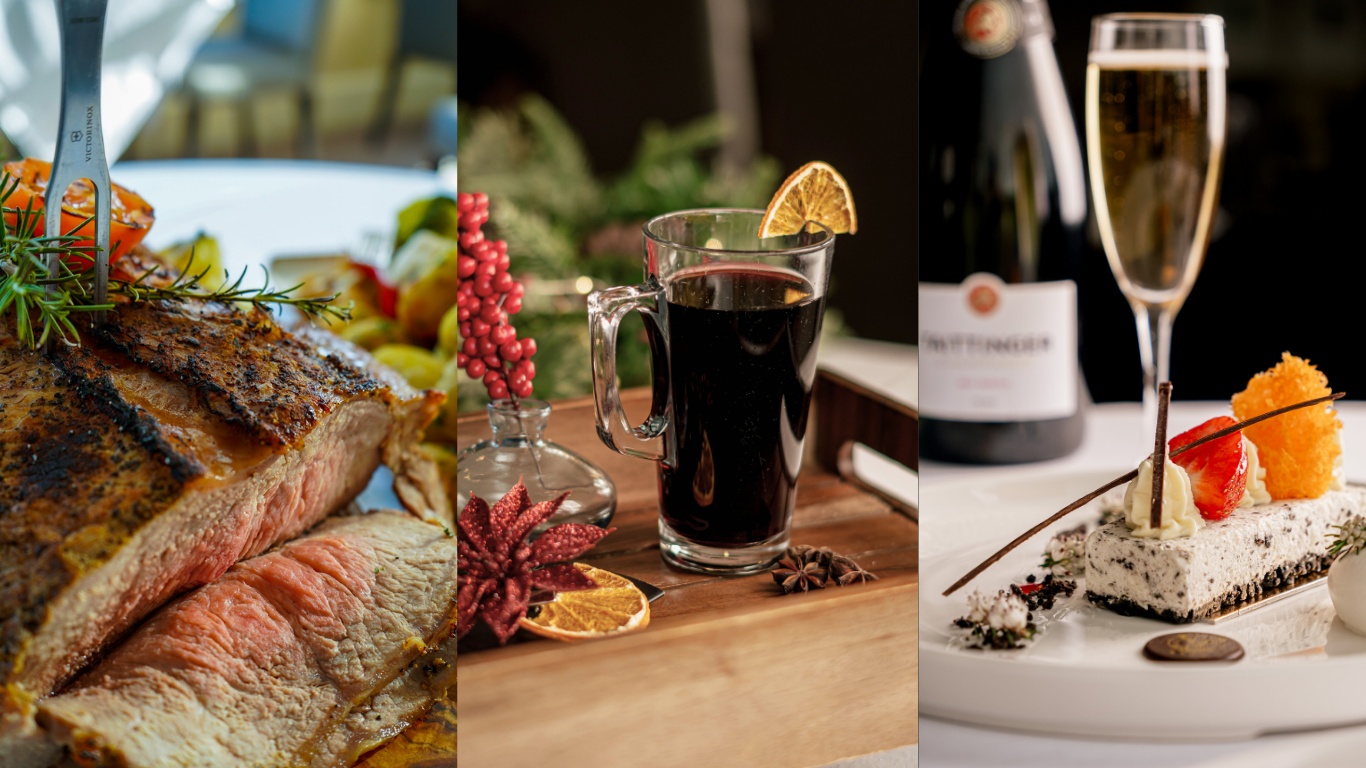 Indulge in gourmet roast beef, festive mulled wine, and exquisite dessert with champagne for a luxurious dining experience.