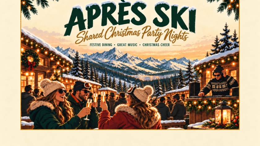 Cosy Apres Ski at Glenview Hotel with festive decor, mountain views, and guests enjoying drinks and music.