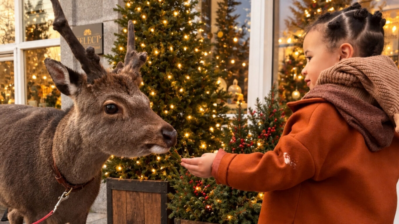 Child feeds reindeer by festive hotel Christmas lights, experiencing holiday magic.
