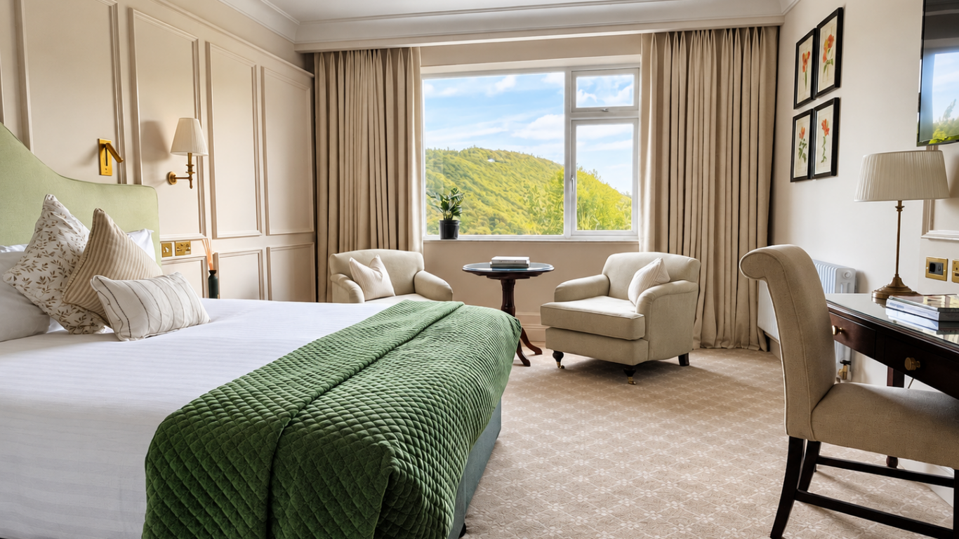 Cosy hotel room with plush bed, green accents, scenic views, elegant decor, writing desk, inviting armchairs, and natural light.
